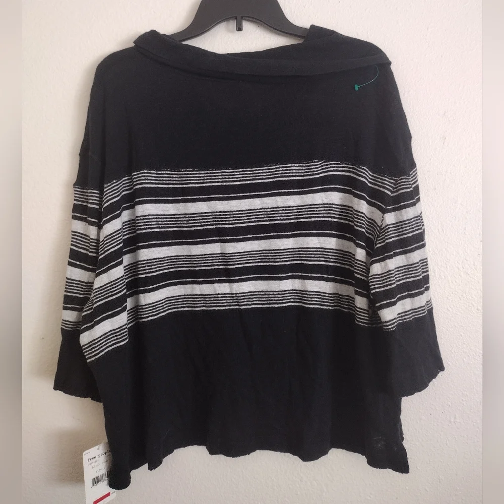 Free People Black White Sea Side Striped Cotton Linen Blend Sweater Size Large